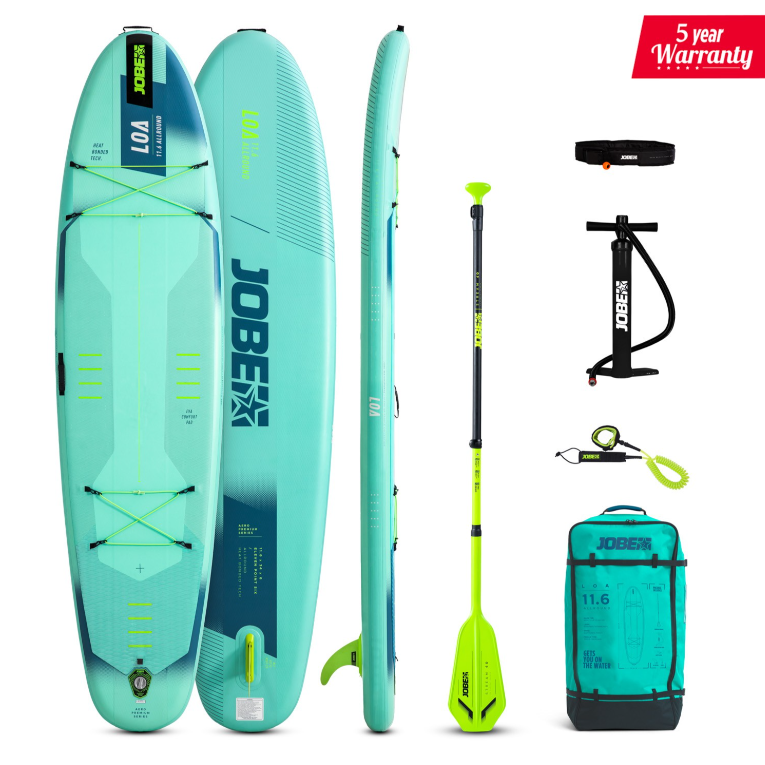 Lieferumfang SUP Jobe Loa 11.6 mit Paddel, Pumpe, Leash und Rucksack